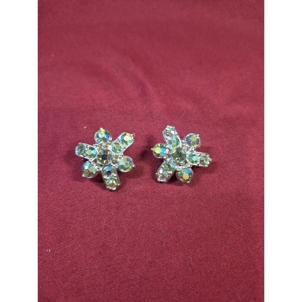 Vintage Set 2 Silver Tone Aurora Borealis Rhinestone Snowflake Brooch Pins MCM
